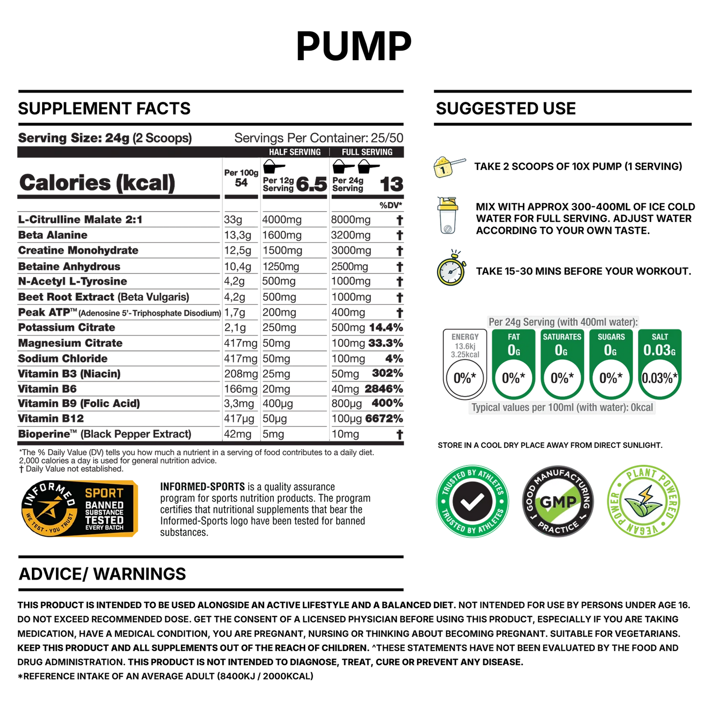 10X - Pump Stim Free Pre Workout - 600G Supp City